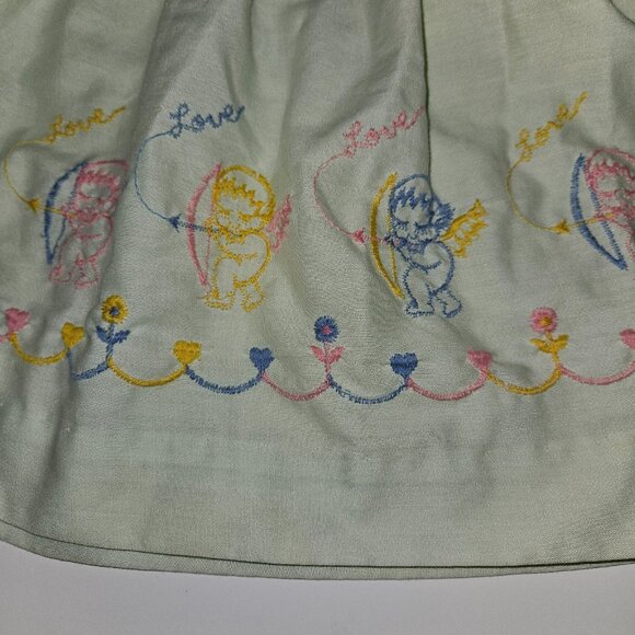 VTG Pale Green Dress Baby Girl 6 Months Embroidered Angels Cupid Valentine's Day - Picture 3 of 11